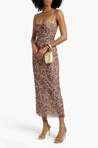 BEC & BRIDGE PRIYA RUCHED FLORAL-PRINT STRETCH-MESH MIDI DRESS - Size 6