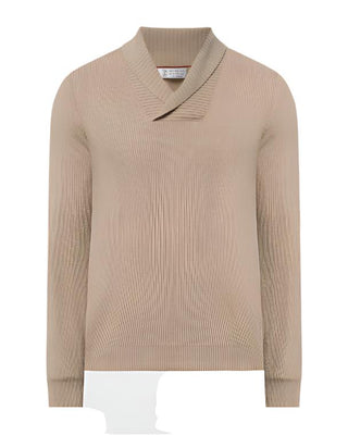Brunello Cucinelli Ribbed Knit Shawl Collar Sweater in Beige