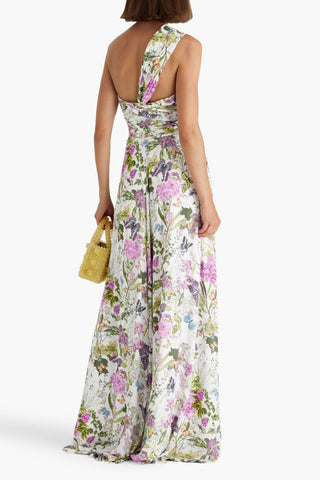 BADGLEY MISCHKA ONE-SHOULDER FLORAL-PRINT CREPE MAXI DRESS - Size 6