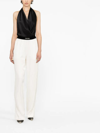 Tom Ford Cotton Blend Wide-Leg Trousers with Logo Waistband White