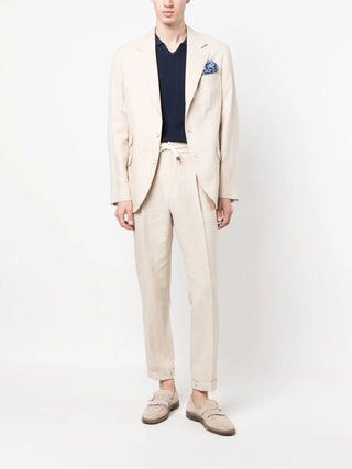Brunello Cucinelli Pinstriped Linen Blend Drawstring Cuffed Trousers Beige