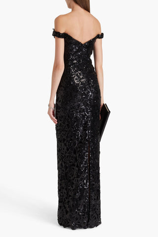 MARCHESA NOTTE OFF-THE-SHOULDER SEQUINED GUIPURE LACE GOWN - Size 14
