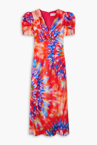 SALONI '+ VENYX LEA TIE-DYED SILK MIDI DRESS - Size 14
