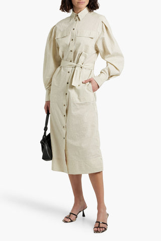 BRUNELLO CUCINELLI BEAD-EMBELLISHED STRIPED COTTON-BLEND SEERSUCKER MIDI SHIRT DRESS - Size M