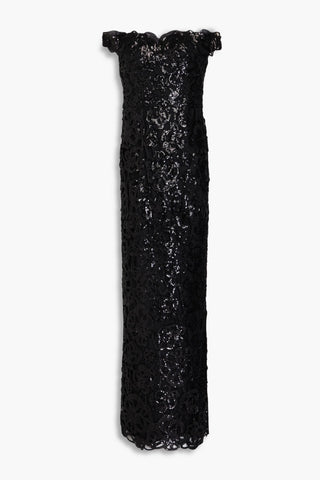 MARCHESA NOTTE OFF-THE-SHOULDER SEQUINED GUIPURE LACE GOWN - Size 14