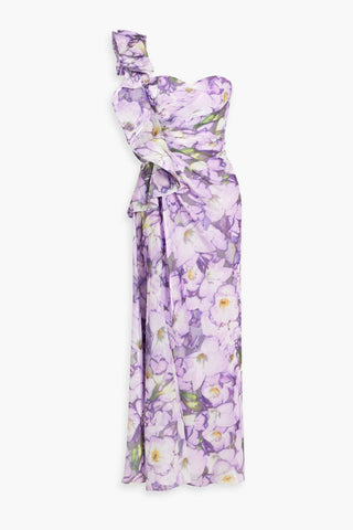BADGLEY MISCHKA ONE-SHOULDER RUFFLED FLORAL-PRINT CREPON MAXI DRESS - Size 4