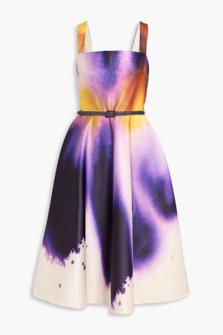 OSCAR DE LA RENTA BELTED PRINTED SATIN MIDI DRESS - Size 10