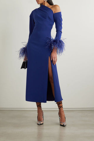 16ARLINGTON ADELAIDE ONE-SHOULDER FEATHER-TRIMMED CREPE MIDI DRESS - Size 10
