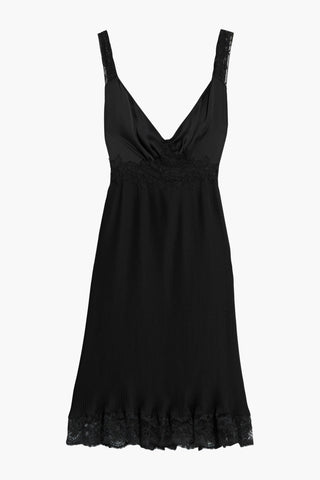RABANNE LACE-TRIMMED SATIN-PANELED PLEATED CREPE SLIP DRESS - Size 40
