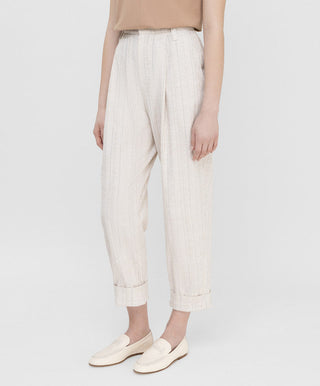 Brunello Cucinelli Linen Blend Pinstriped Pleated Cuffed Trousers