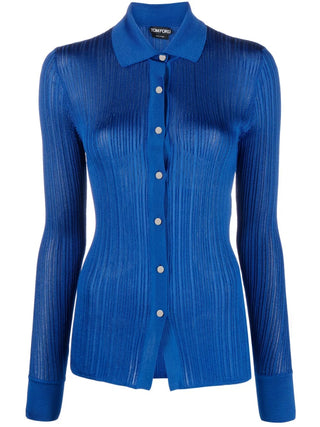Tom Ford Rib-Knit Long-Sleeve Collared Shirt Blue