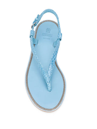 Brunello Cucinelli Embossed Leather T-Strap Flat Sandals Light Blue