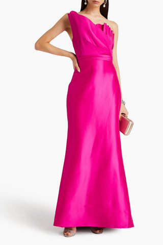 BADGLEY MISCHKA ONE-SHOULDER RUFFLED TWILL GOWN - Size 10