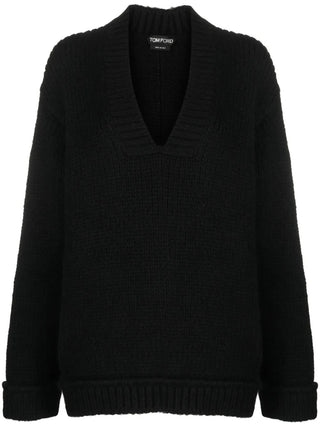 Tom Ford Textured Knit V-Neck Sweater with Ribbed Trims Black