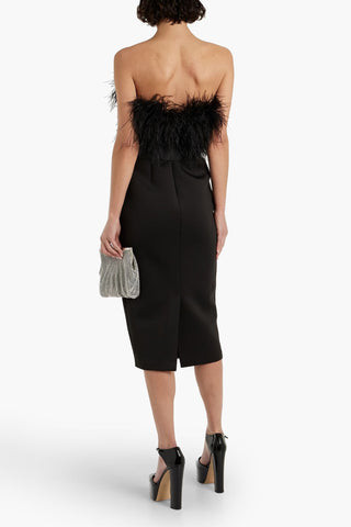 BADGLEY MISCHKA STRAPLESS FEATHER-EMBELLISHED SCUBA MIDI DRESS - Size 8