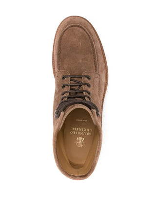 Brunello Cucinelli Chestnut Suede Moc-Toe Lace-Up Ankle Boots
