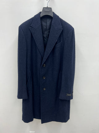 ZENGA Textured Wool Single-Breasted Overcoat in Navy