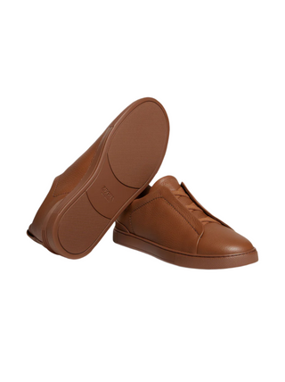 Zegna Grained Leather Slip-On Sneakers Cognac