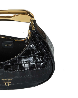 Tom Ford Shiny Croc-Embossed Leather Mini Hobo Bag with Gold Arch Handle