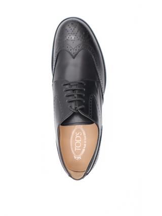 Tods Polished Leather Lace-Up Wingtip Derby Shoes Black
