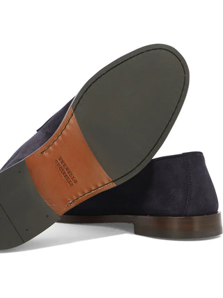 Brunello Cucinelli Suede Penny Slot Round Toe Loafers in Blue