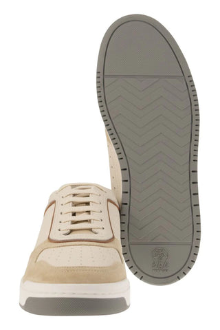Brunello Cucinelli Leather and Suede White-Beige Low-Top Sneakers