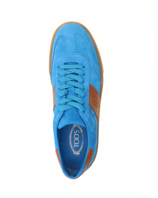 Tods Bright Blue Suede Lace-Up Low-Top Sneakers with Brown Accents
