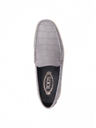 Tods Croc-Embossed Leather Espadrille with Raffia Sole Grey