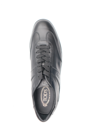 Tods Black Leather Lace-Up Sneakers with Side Stripe