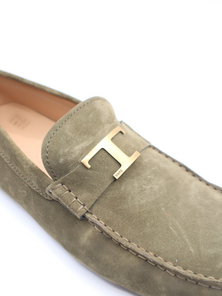 Tods Green Suede Gommino Driver Shoes with Gold T-Bar