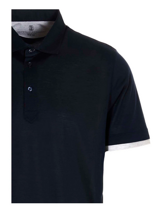 Brunello Cucinelli Cotton Polo Shirt with Contrast Trim Ocean Blue