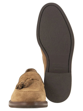 Brunello Cucinelli Suede Tassel Loafers in Light Brown