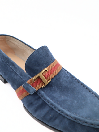 Tods Blue Suede Gommino Driving Shoes with T-Buckle Strap