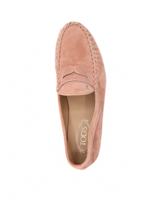 Tods Pale Pink Suede Ruched Moccasin Loafer