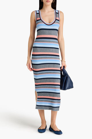 VERONICA BEARD FABIANA STRIPED RIBBED-KNIT MIDI DRESS - Size L
