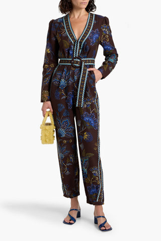 FARM RIO BELTED PRINTED COTTON AND LYOCELL-BLEND CANVAS JUMPSUIT - Size S