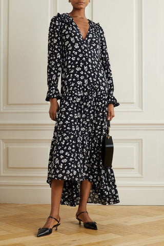 RIXO MALI FLORAL-PRINT CREPE DE CHINE MIDI DRESS - Size 8