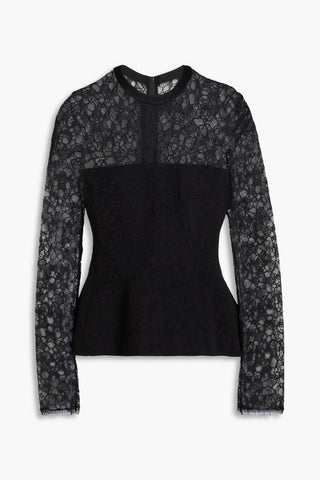 SIMKHAI PRIMA CORDED LACE-PANELED CLOQU PEPLUM TOP - Size 6