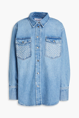 FRAME FAUX PEARL-EMBELLISHED DENIM SHIRT - Size L
