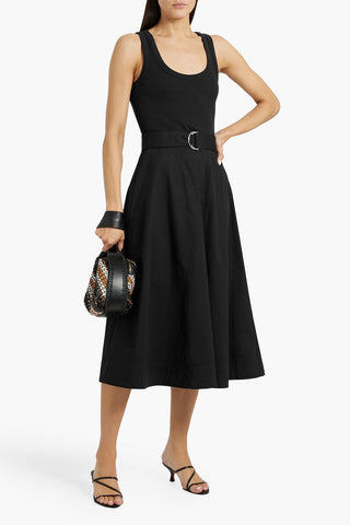 VERONICA BEARD ENNIS BELTED RIBBED JERSEY-PANELED COTTON-BLEND POPLIN MIDI DRESS - Size S