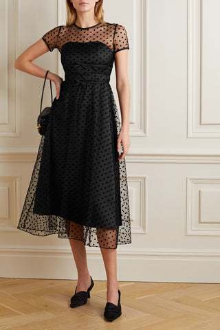 HVN SCARLETT BOW-EMBELLISHED FLOCKED TULLE AND SATIN MIDI DRESS - Size 4
