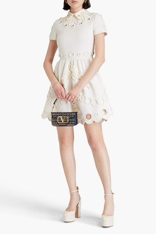 VALENTINO GARAVANI APPLIQUD LASER-CUT WOOL-CREPE MINI DRESS - Size 38
