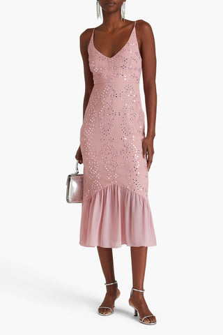SALONI AIDAN EMBELLISHED BRODERIE ANGLAISE SILK MIDI DRESS - Size 4