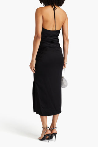 SIMKHAI HANSEL RUCHED SATIN-CREPE HALTERNECK MIDI DRESS - Size 0