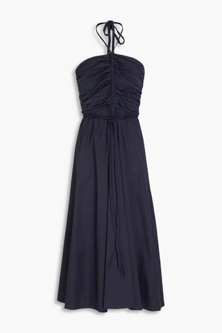 VERONICA BEARD TUCKER RUCHED STRETCH-COTTON POPLIN HALTERNECK MIDI DRESS - Size 12