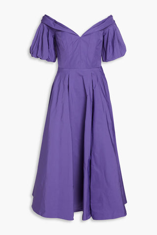 MARCHESA NOTTE OFF-THE-SHOULDER PLEATED TAFFETA MIDI DRESS - Size 10