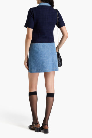 SANDRO DENIM-PANELED TWEED MINI SHIRT DRESS - Size 38
