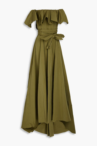 VALENTINO GARAVANI OFF-THE-SHOULDER RUFFLED COTTON-BLEND FAILLE GOWN - Size 40