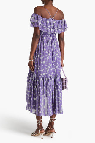 ULLA JOHNSON PENNINAH COLD-SHOULDER RUFFLED FLORAL-PRINT SILK-GEORGETTE MIDI DRESS - Size 6