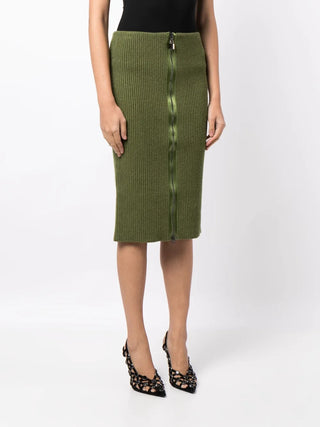 Tom Ford Ribbed Knit Full-Zip Pencil Skirt Olive Green